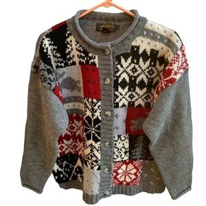 Vintage Eddie Bauer Wool Cardigan Large Gray Knit Wintry Design Button Sweater